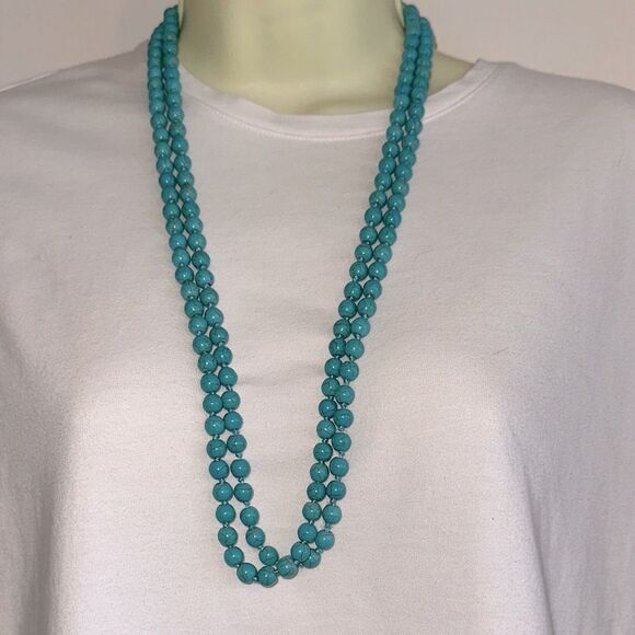 Very Long Turquoise Look Stone Beaded Necklace - Picture 1 of 3